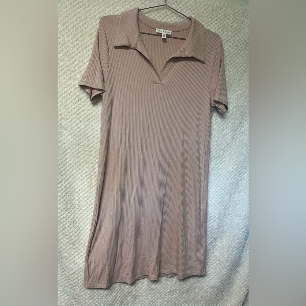 Rio & Rion Ribbed Collared Shirt Dress in Blush Pink Casual Short Sleeves Large